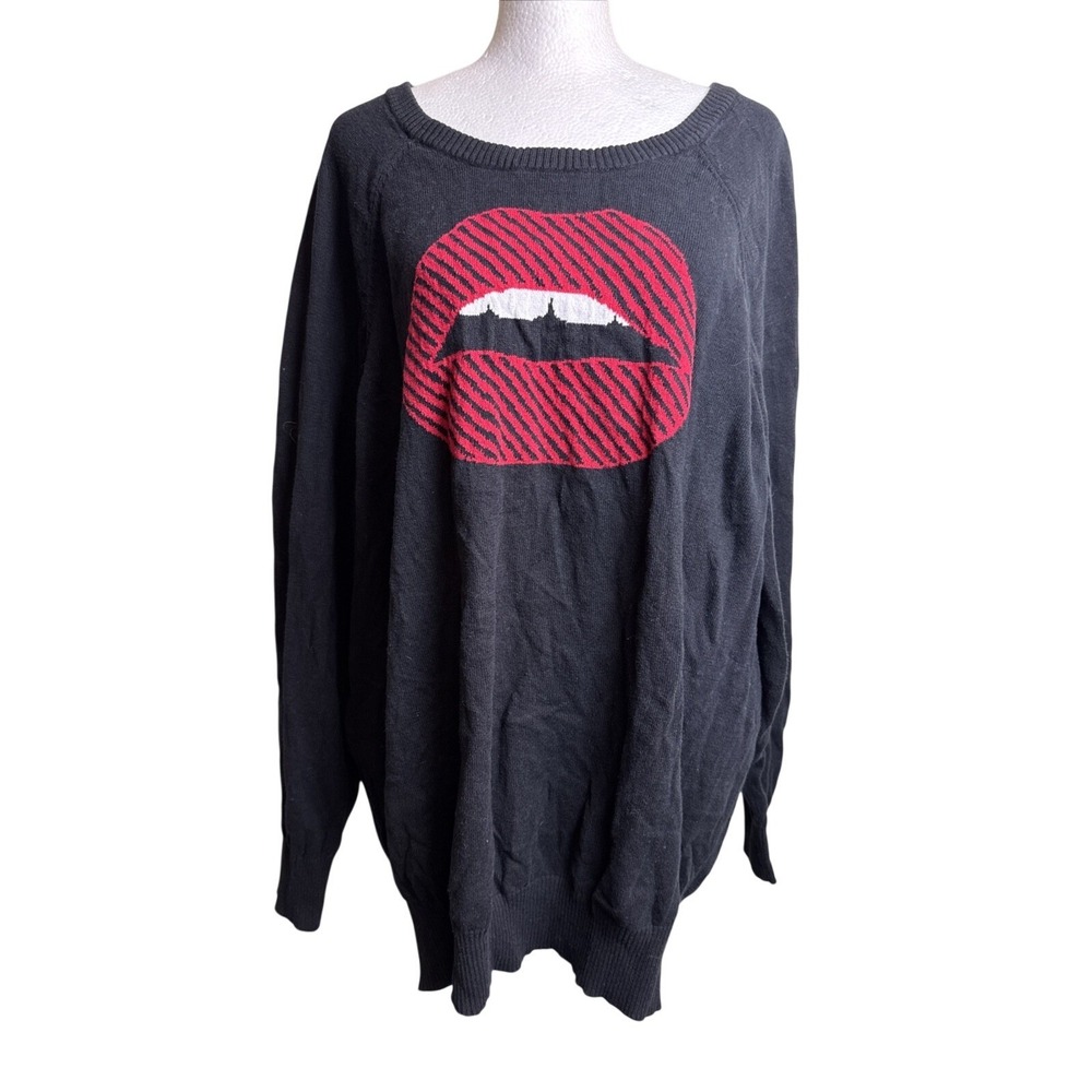 Torrid Womens Black Cotton Red Striped‎ Lips Graphic Pullover Sweater Size 3 3X